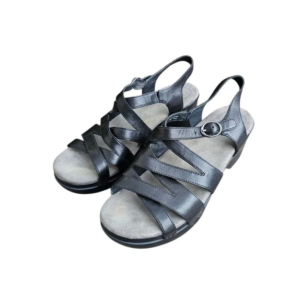 Dansko Stevie Wedge Sandals 39 Black Leather Slingback Comfort Shoes Granola